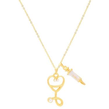 Imagem de Colar Enfermagem Seringa E Esteto Coração Folheado - Milena Joias