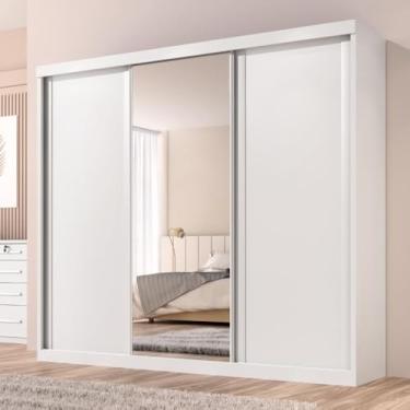 Imagem de Guarda Roupa Casal Sevilha 3 Pts Correr 6 Gav C/Porta Espelho Inteiro Moldura Alumínio Branco