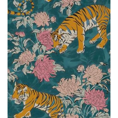 Imagem de Papel de parede de tigre, papel de parede de animais azuis vintage 44,5 cm x 1,000 cm, papel de parede floral antigo autoadesivo removível à prova d'água para paredes de banheiro, prateleiras, armário
