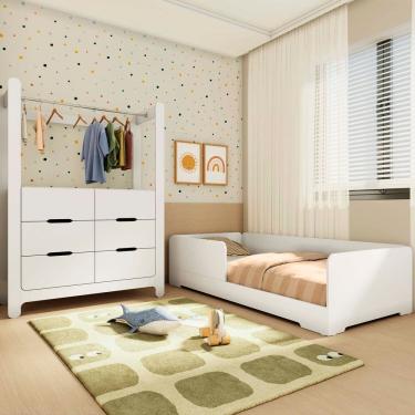 Imagem de Quarto Infantil Completo Guarda-Roupa Closet e Cama Solteiro Montessoriana 100% MDF Olivia e Mark Branco