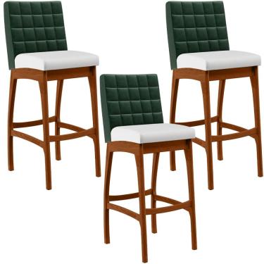 Imagem de Kit 3 Banquetas Altas Cozinha Sala Jantar Fixa Mila B04 Facto Verde Musgo Corano Branco - Lyam Decor