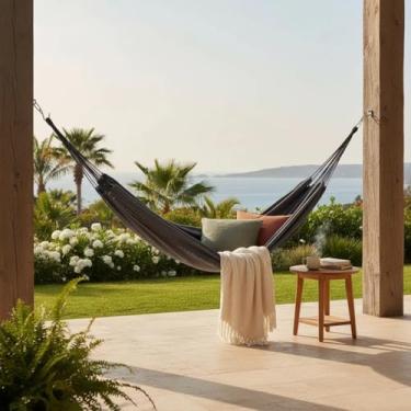 Imagem de Rede de Descanso Casal em Algodão 3,90m x 1,40m – Rede de Dormir para Varanda, Jardim e Camping(Grafite com Preto)