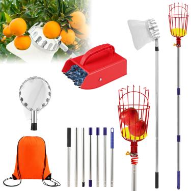 Imagem de Leriton Pacote com 4 ferramentas de colheita de frutas, haste de 3,5 m com cesta telescópica e ferramenta de colheita de maçã ajustável de 99 a 150 cm, colher de ancinho de frutas e bolsa de