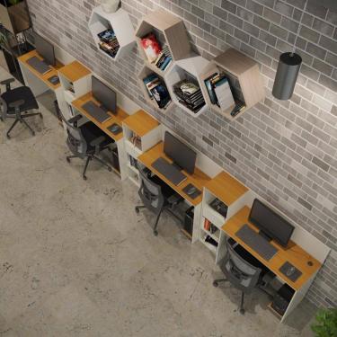 Imagem de Conjunto De Escritório Tech 3 Livreiro E 4 Mesas 90cm - Vian - Off White E Cedro Off White E Cedro