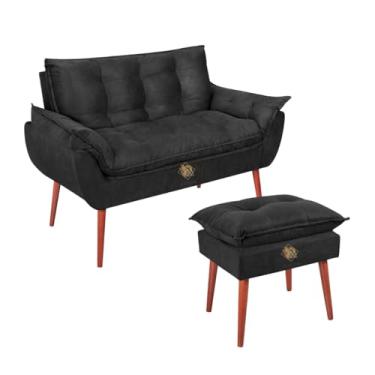 Imagem de Kit Namoradeira Opala 2 Lugares + Puff Suede Retrô - Sofá Compacto e Banco Pés Madeira Maciça - Conforto para Sala Estar/Quarto (VIT DECOR) (Preto)