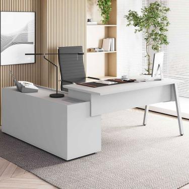 Imagem de Mesa L Diretor Escritório 200cm com Armário Lateral Tampo Cavado e Pés Metal Industrial Executive Cinza