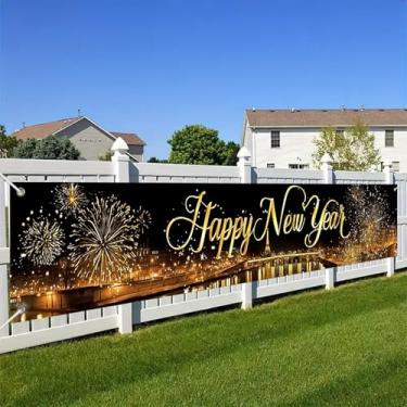 Imagem de HOMETITUTE 299,7 x 50,8 cm Banner de Feliz Ano Novo Grande Torre Eiffel Cidade Fogos de Artifício Banner para pendurar feriado Cerca ao ar livre Varanda Parede Celebração Decoração Ano Novo Cenário de