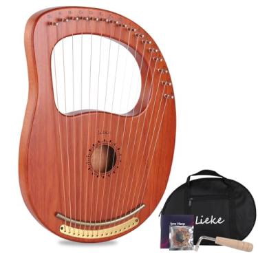 Imagem de LIEKE Harpa de lira 16 cordas com chave de afinação de bolsa, cordas de metal, corpo de mogno e sela de cobre, instrumento profissional de harpa de lira presente para músico iniciante