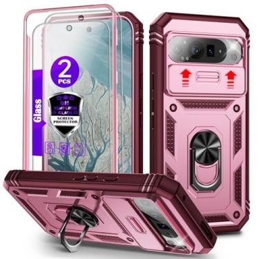 Imagem de Capa para Pixel 9 Pro XL com controle deslizante para câmera, 2 protetores de tela de vidro temperado, suporte de anel giratório de 360°, capa protetora de grau militar para Google Pixel 9 Pro XL 6,8