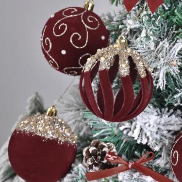 Imagem de HRONG Enfeites de bola de Natal de 8 cm para árvore de Natal, conjunto de 9 peças de decorações penduradas de veludo, para decoração de festa de Natal, aniversário, casamento, Natal (vermelho)