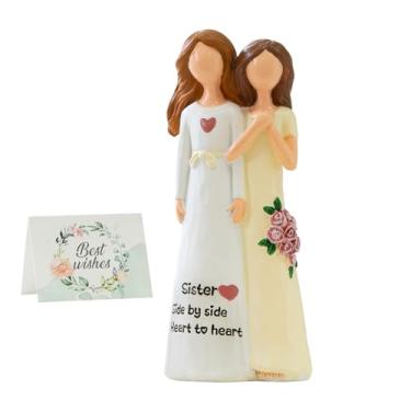 Imagem de Sisters Side by Side Estatueta decorativa de coração a coração, escultura de resina branca com rosas rosa (branco e amarelo)