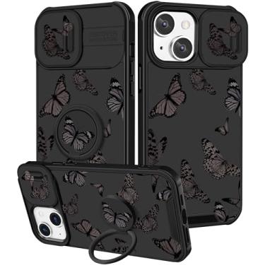 Imagem de Funermei Capa para iPhone 13/para iPhone 14 - Capa de telefone feminina bonita estética borboleta preta design exclusivo com capa de câmera e suporte de anel Funda para Apple 13/para Apple 14