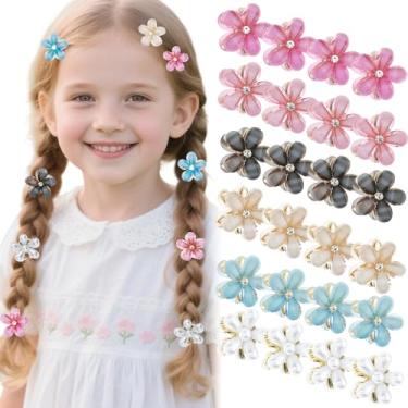 Imagem de 24 peças, 6 cores, mini garras de cabelo, flores fofas com detalhes de strass/pérola, clipes de mandíbula para meninas estilo diário e decoração de festa