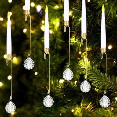 Imagem de HOMIEE Velas de árvore de Natal, pacote com 12 velas cônicas sem chama, velas de LED cintilantes para decoração interna de Natal, casamento, casa, com ganchos de bola de cristal transparente