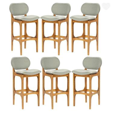Imagem de Kit 6 Banquetas Alta Estofada Rafine Madeira Maciça Castanho Linho Verde