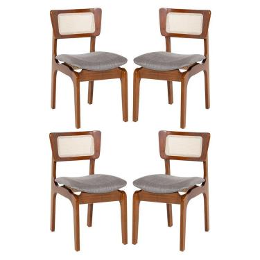 Imagem de Kit 4 Cadeiras De Jantar Portugal Madeira Imbuia Com Encosto Tela Rattan Linho Cinza L55