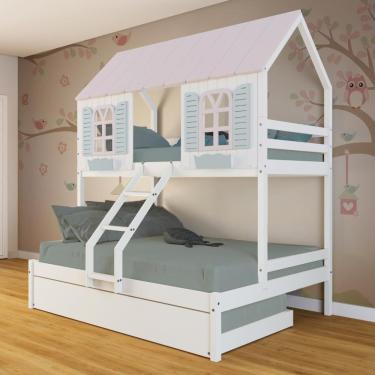 Imagem de Treliche Casal/Solteiro Casinha Bela - Madeira Maciça Branco/rosa/verde Megamobilia