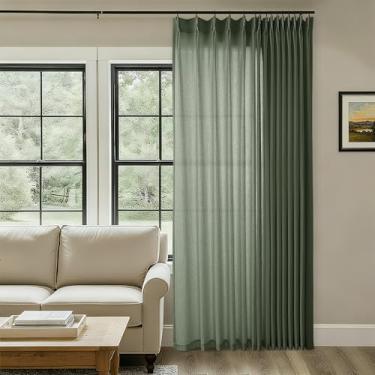 Imagem de Cortinas de linho plissadas extra largas de 226 cm de largura para divisória de sala de estar, filtragem de luz, semitransparente, plissada, verde-oliva, para piso, teto, pátio, porta deslizante, 96
