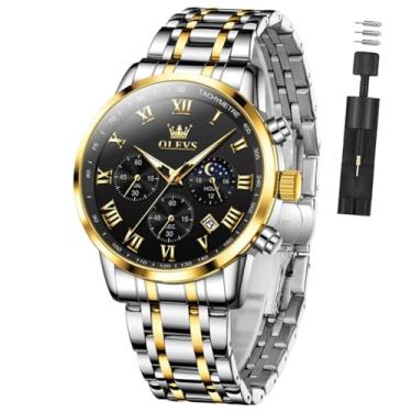 Imagem de OLEVS Relógio masculino de luxo, analógico, quartzo, à prova d'água, luminoso, aço inoxidável, data, dois tons, casual, relógio de pulso masculino, G5529-Prata Ouro Preto, round, Relógio de luxo