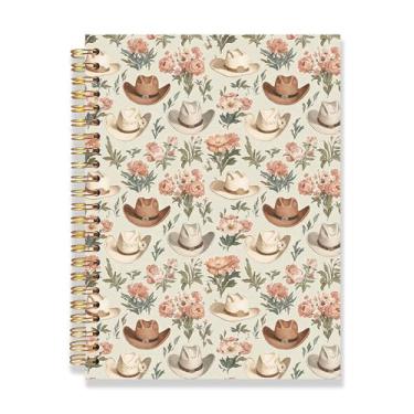 Imagem de RLTXBUK Caderno Cottagecore Western, diário de chapéus de vaqueira floral rústico, presentes de vaqueira para mulheres, diário de flores retrô country ocidental, caderno espiral estético vintage, 14 x