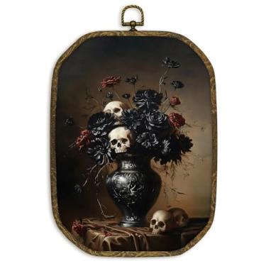 Imagem de nvucamd Arte de parede floral de caveira gótica vintage emoldurada, estampa em tela octógono floral de esqueleto de Halloween bruxo, arte de parede, Dark Academia Black Flower Hanging Decor para