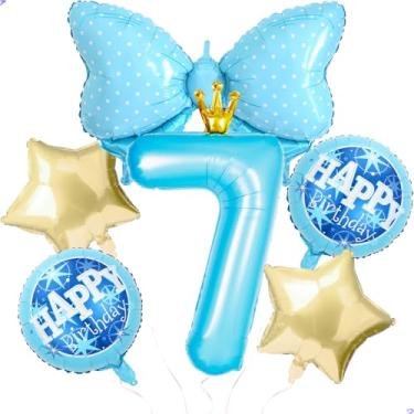 Imagem de Balões de princesa azul para decoração de festa de aniversário da Cinderela, balão de coroa de ouro azul 101,6 cm, balão de 7º aniversário para decoração de aniversário de princesa Cinderela