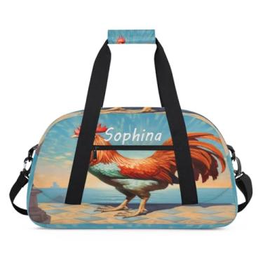 Imagem de Bolsa esportiva personalizada com galo de animais vintage com nome, bolsa de dormir personalizada, bolsa de fim de semana, bolsa de treino para dança, balé, academia, ginástica, mala de viagem