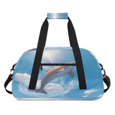 Imagem de Bolsa esportiva animal, golfinho, céu, sol, tamanho grande, impermeável, durável, dobrável, bolsa de festa do pijama, bolsa de treino para dança, balé, academia, ginástica, bolsa de viagem, presente