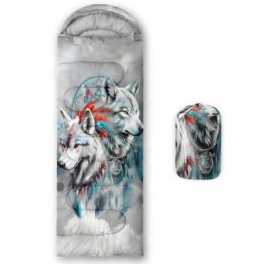 Imagem de AILONEN Sacos de dormir Wolf Dreamcatcher Boho, leves e à prova d'água, clima quente e frio, sacos de dormir lobo cinza para meninos, meninas, crianças adultos viajando, ao ar livre