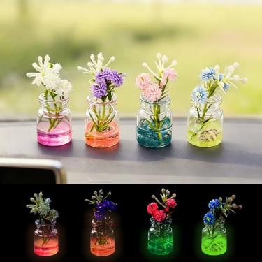 Imagem de 4 peças de mini figuras de flores de vidro Grow in The Dark – decoração de flores de simulação transparente, acessórios de jardim de fadas e ornamento de carro