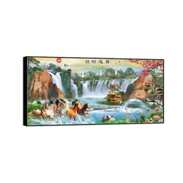 Imagem de Chinoiserie Arte de parede paisagem imagem em tela - flores cachoeira oito cavalos - pintura chinesa - impressões em moldura preta para decoração de casa 60 x 120 cm 24 x 47 pol
