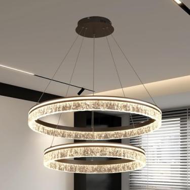 Imagem de Lustre LED moderno com corpo em acrílico texturizado com detalhes dourados, luminária pendente grande para sala de estar, restaurante, com intensidade regulável, ideal para ilha de cozinha,