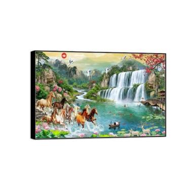 Imagem de BMZFYBS Chinoiserie Arte de Parede Paisagem Imagem em Tela - Cachoeira Lago Flores Animais-Pintura China-Moldura Preta Impressões para Decoração de Casa 20x30cm8x12in