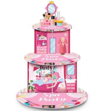 Imagem de Censen Suporte de cupcake para festa de spa, 3 camadas, suporte de bolo de spa, faça você mesmo, tema de maquiagem, papelão, sobremesa, torre para meninas, princesa, rosa, chá de bebê, artigos de