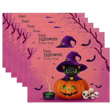 Imagem de Jogo americano de mesa de gato preto, conjunto de 6, jogo americano antiderrapante de tecido abóbora para sala de jantar, cozinha, festa, férias, tapetes de mesa de pano para decoração de casa 29 x 44