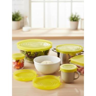 Imagem de Pacote com 6 tampas elásticas de silicone para armazenamento de alimentos de cozinha, tampas elásticas reutilizáveis para tigelas e recipientes, conjunto de capas redondas de vários tamanhos amarelo