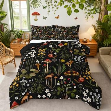 Imagem de Conjunto de edredom fofo de cogumelo, tamanho casal, 3 peças, flores silvestres, plantas selvagens, decoração para crianças, adolescentes e adultos, mariposa natural, caracol rústico, conjunto de