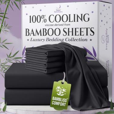 Imagem de SLEEP SANCTUARY Viscose 100% orgânica derivada de lençóis de bambu tamanho casal 6 peças - ultra macio e refrescante, bolso profundo de 43 cm, costura dupla, perfeito para quem dorme quente - Lençóis