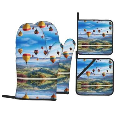 Imagem de Balões de ar quente - Conjunto de luvas de cozinha estampadas com suportes de tampa, luvas de forno resistentes ao calor para lidar com panelas quentes, grelhar, churrascos, kit de 4 peças.