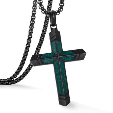 Imagem de GTMJ Colar de cruz masculino turquesa/malaquita/preto e dourado com pingente de cruz de proteção religiosa, joias presentes para mulheres, Medium, Aço inoxidável, Malaquita