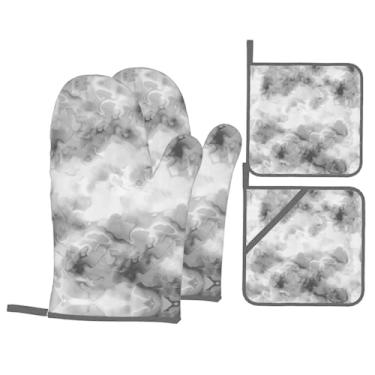 Imagem de Conjunto de luvas de cozinha marmorizadas com suportes de tampa, luvas de forno resistentes ao calor para manusear panelas quentes, grelhar, churrascos, kit de 4 peças.