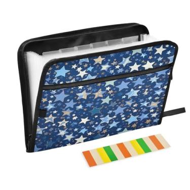 Imagem de Wassud Padrão de estrelas, organizador de arquivos sanfonado, 13 bolsos, pastas expansíveis com abas e adesivos, organizador de pastas de documentos de recibo de papel tamanho carta A4 para viagens de