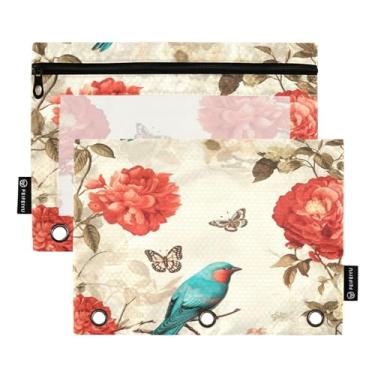 Imagem de Wassud Bolsa de lápis para fichário de 3 anéis, bolsa de lápis transparente com zíper suave turquesa pássaros e flores, estojo para fichário, pacote com 2