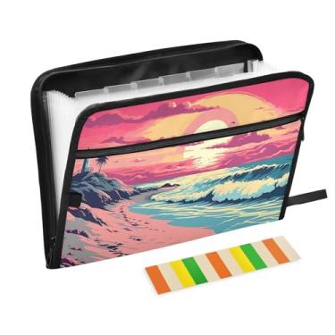 Imagem de Wassud Vintage Beach Organizador de arquivos sanfonado com 13 bolsos, pastas expansíveis com abas e adesivos, organizador de pastas de documentos de recibo de papel tamanho carta A4 para viagens de