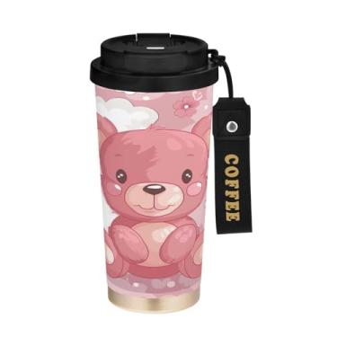 Imagem de YETTASBIN Cute Bear Caneca de café com isolamento térmico de 482 g com tampa canudo, copo à prova de derramamento e vazamento com alça para bebida quente e fria, garrafa de água de aço inoxidável