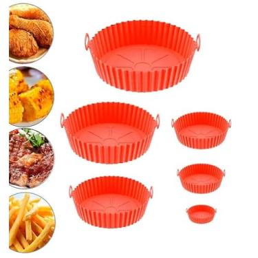 Imagem de Kit Com 6 Formas Antiaderente Cesta Redonda de Silicone Para Air Fryer Fritadeira Universal Para Todos Os Modelos Reautilizável Com Alça CORES SORTIDAS
