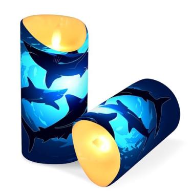 Imagem de Blueangle Pacote com 2 velas flutuantes tubarões sem chama com controle remoto e temporizador, velas LED cintilantes (7,6 cm x 9,9 cm) para decoração de casa, casamento, acampamento (20)