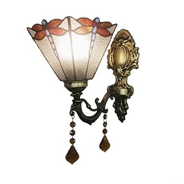 Imagem de Arandela de parede estilo Tiffany com libélula, vitral, luminária de parede americana vintage com espelho frontal, ideal para quarto, cabeceira, corredor e varanda, potência máxima de 40W.