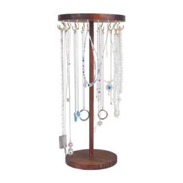 Imagem de arricraft Organizador de joias giratório de madeira, suporte de joias de madeira giratório de 360° com 18 ganchos de metal e bandeja de madeira para colar, pulseira, brincos, exibição de vendas