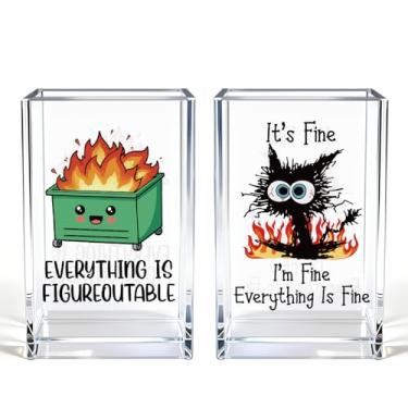 Imagem de Vgrti Pacote com 2 porta-lápis cosméticos de acrílico para gatos pretos engraçados, porta-canetas de lixo emocionais, presente para amantes de gatos para mulheres, presentes sarcásticos de escritório